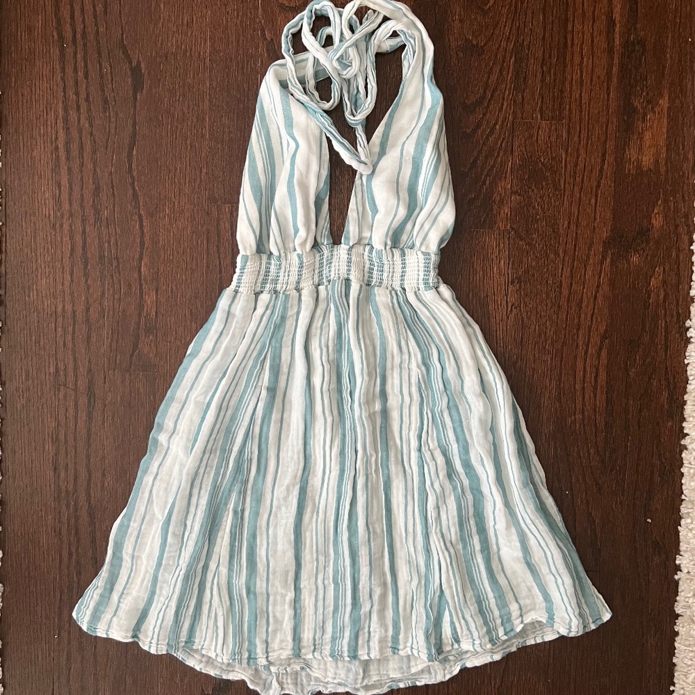 Show Me Your Mumu Baby Blue & White Stripped Halter Mini Dress in Women's Small